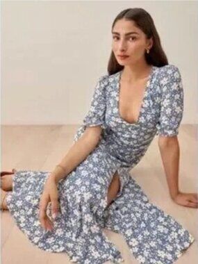 Reformation Nantes Dress Mari Blue Floral Midi Ruffle Slit - Size 4